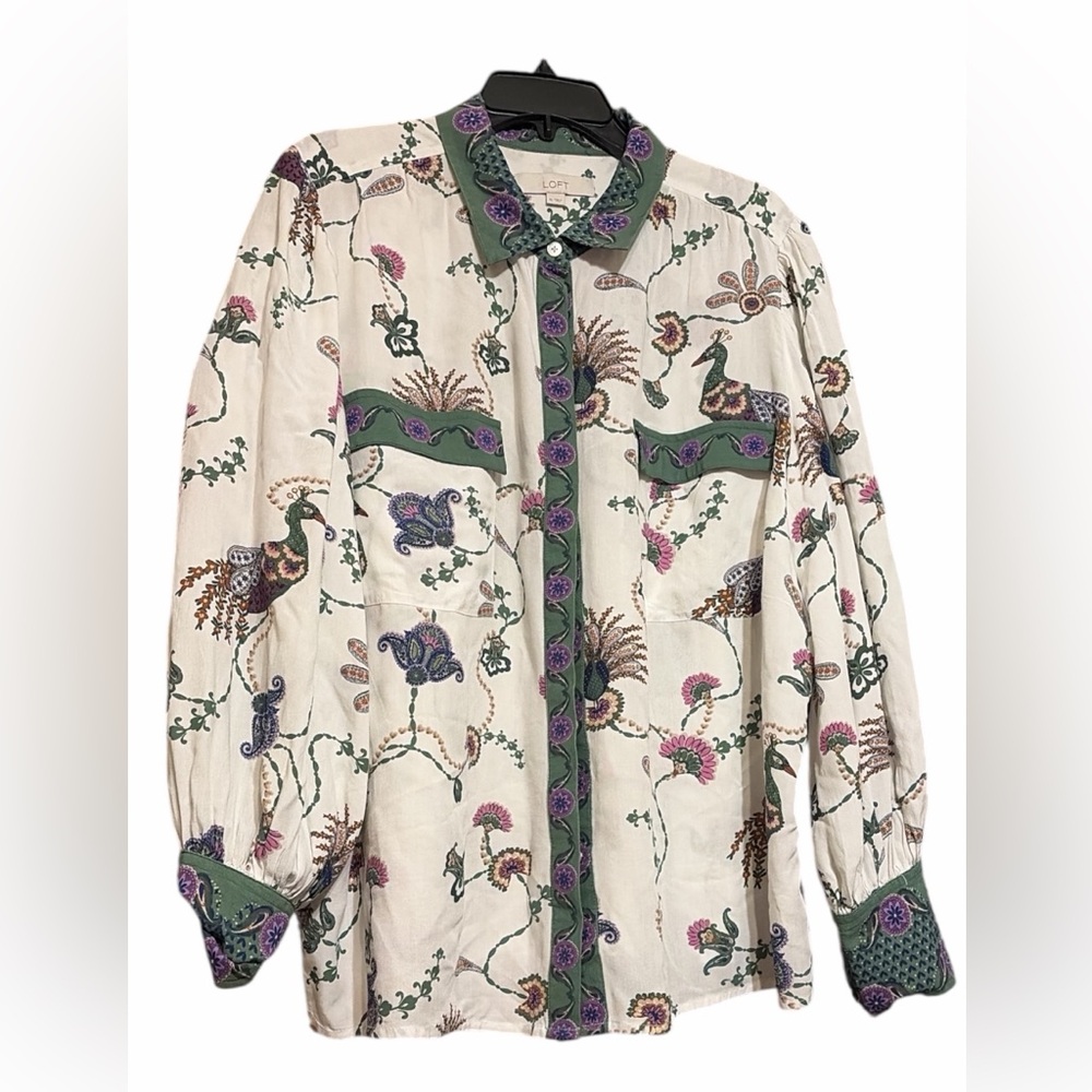 LOFT Cream and Green Floral & peacock Button-Up Shirt